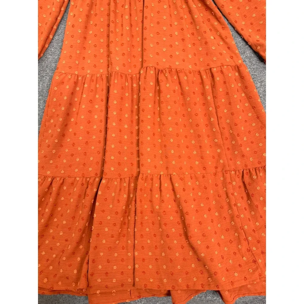 Shein Womens Sz M Rust Orange Long Sleeve Maxi Dress Swiss Dot Belted Tiered - Picture 4 of 11